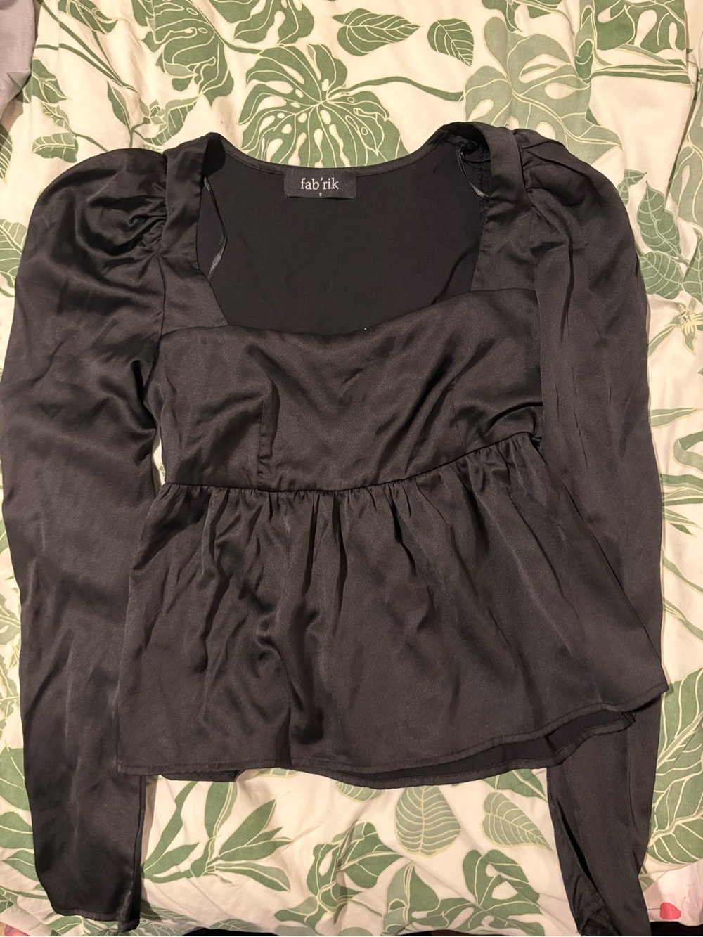 fab'rik Black Satin Peplum Blouse with Puff Shoulders